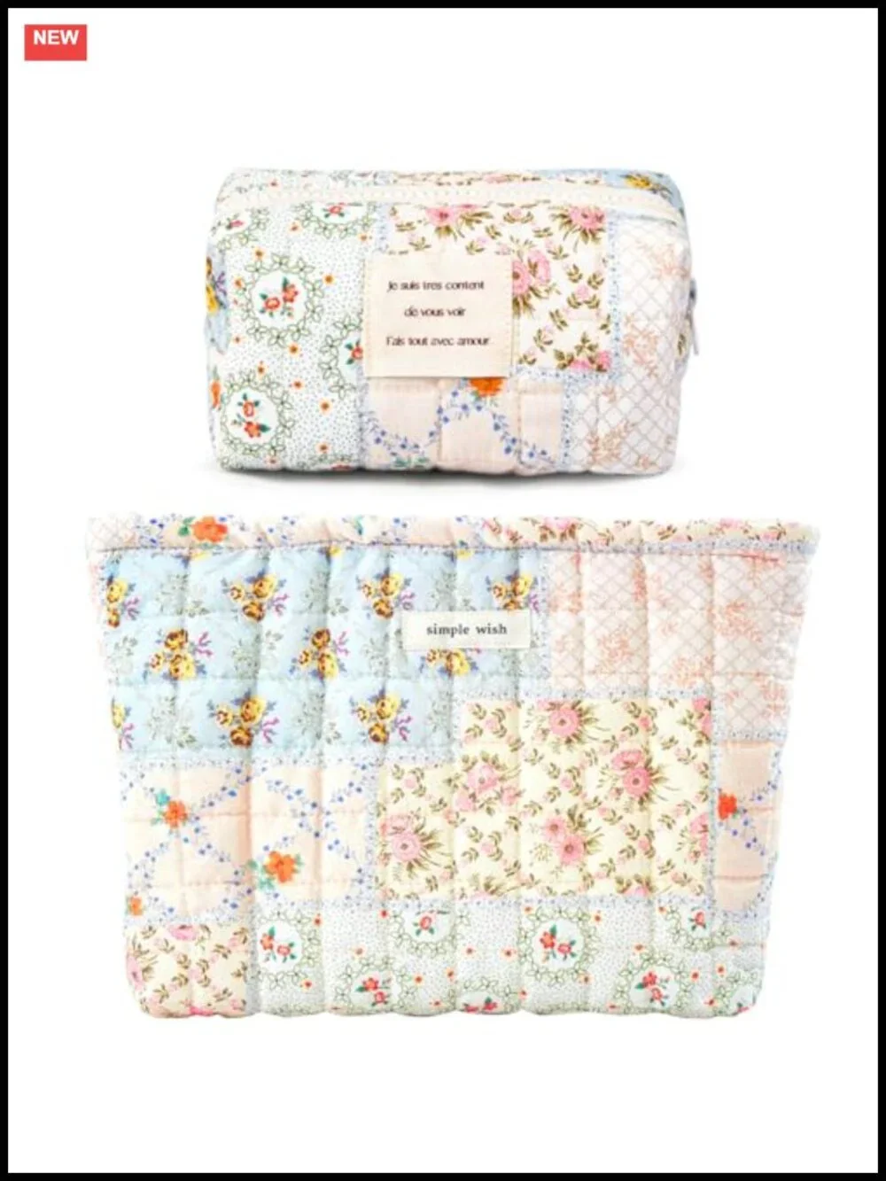 2 Piece Floral Quilted Makeup Bag Set, Large & Small Cotton Travel Toiletry